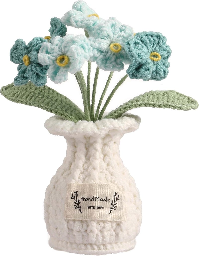 YOOJEE Crochet Flower Pot Forget-me-not Valentines Day Gift for Women Him Her Boyfriend Girlfriend Lover Husband Couples Wife Coworker Birthday Wedding Knitted Blue Plant Cute Office Desk Decor - Image 1